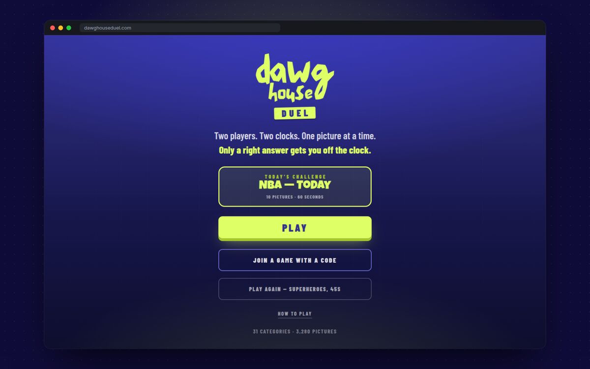 Dawg House Duel home screen with two player clocks