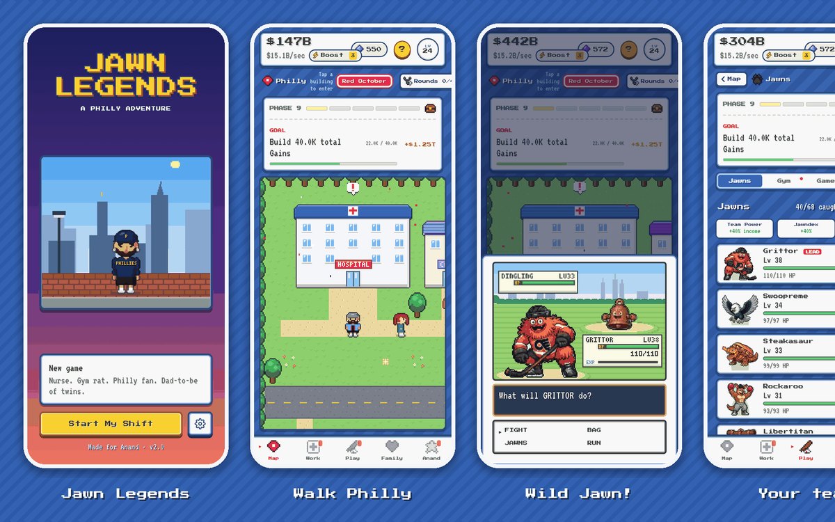 Jawn Legends screens: the title screen, walking a pixel-art Philly and a wild Jawn battle